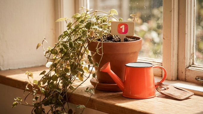 A thriving potted plant sits on a sunlit windowsill next to an orange watering can, with a small label marked "1" planted in its soil. The image visually reinforces the caption's message that, like the plant thriving with minimal attention, "Staked ONE" performs reliably without constant oversight.