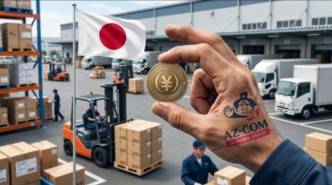 A promotional image showing a hand holding a gold yen (¥) coin in front of a Japanese warehouse logistics scene with a Japanese flag, workers, and a forklift, branded 'az-com MARUWA GROUP'.