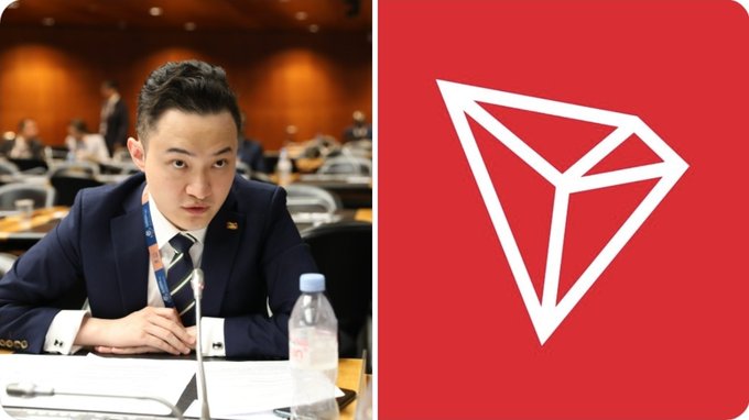The image shows a split composition: on the left, a man in a dark suit sits at a conference table with a microphone, papers, and a water bottle, appearing to be at a formal meeting or hearing; on the right is the red and white TRON (TRX) cryptocurrency logo. This visual ties into the news of Tron Inc. expanding its treasury holdings with an additional 150,117 TRX, bringing total reserves to over 702 million tokens.