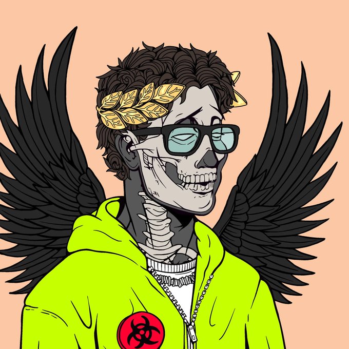 Cartoon illustration of a skeleton figure with a skull face, brown hair, sunglasses, a gold leaf crown, large black wings, and a bright yellow-green hoodie with a biohazard symbol.