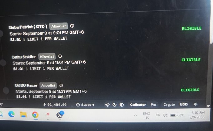 A computer screen displays an NFT minting page with three 'Allowlist' items—'Bubu Patriot (GTD)', 'Bubu Soldier', and 'BUBU Racer'—each priced at '$1.01 | LIMIT 1 PER WALLET' and marked as 'ELIGIBLE' in green text.