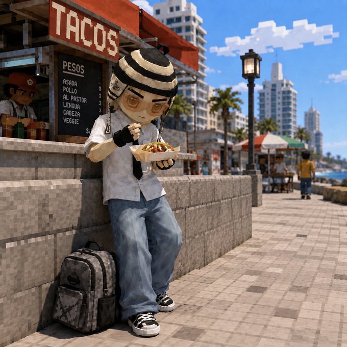 A pixelated character in a beanie and tie eats a taco outside a stand labeled 'TACOS' with a 'PESOS' menu, situated on a sunny waterfront promenade.