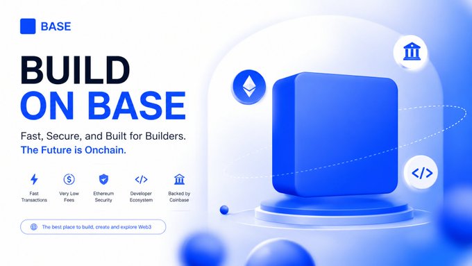 The image features a blue square with a white border that says "Build On Base" written in white letters at the top. Below this, there are several icons representing different aspects of building and using a cryptocurrency called Bitcoin. These icons include a Bitcoin block, a Bitcoin wallet, and a Bitcoin transaction. The background of the image is a light blue color with a white border, which complements the white text on the bottom of the image.