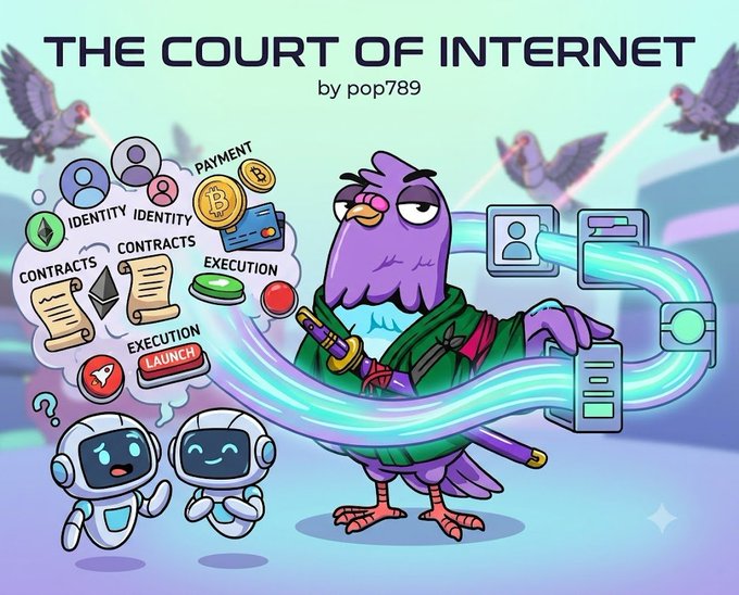 A colorful digital illustration titled 'THE COURT OF INTERNET by pop789' featuring a purple bird judge holding a gavel, surrounded by thought bubbles containing icons for identity, contracts, and crypto payments.