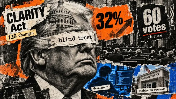 A political collage-style image features Donald Trump's profile with text overlays including 'CLARITY Act', '126 changes', 'blind trust', '32%', '60 votes closure', 'developers', 'stablecoin rewards', and 'COMMUNITY BANK'.