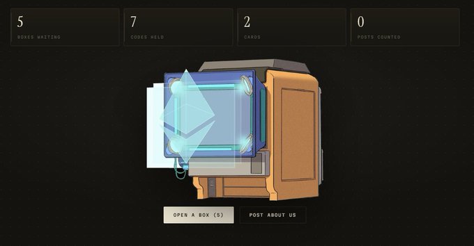 A digital interface showing a futuristic box opening screen with stats: '5 BOXES WAITING', '7 CODES HELD', '2 CARDS', '0 POSTS COUNTED', and a button to 'OPEN A BOX (5)'.