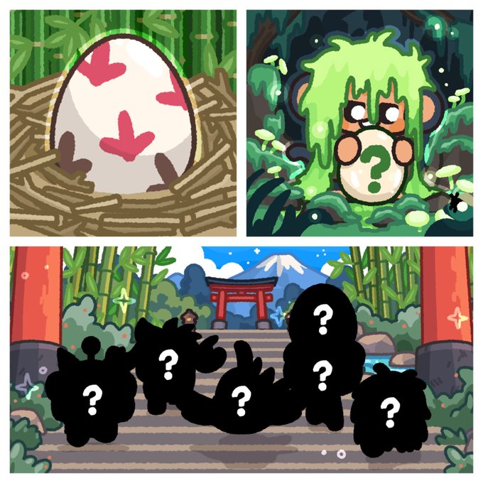 A three-panel illustration includes a speckled egg in a nest, a character wearing a mushroom-like hat with a question mark, and silhouettes of several creatures also marked with question marks in a landscape with a torii gate.