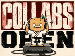 An illustration for the "COLLABS OPEN" featuring a stylized cartoon character in a karate gi wearing headphones. The image serves as promotional artwork for a RobinWood WL Giveaway.