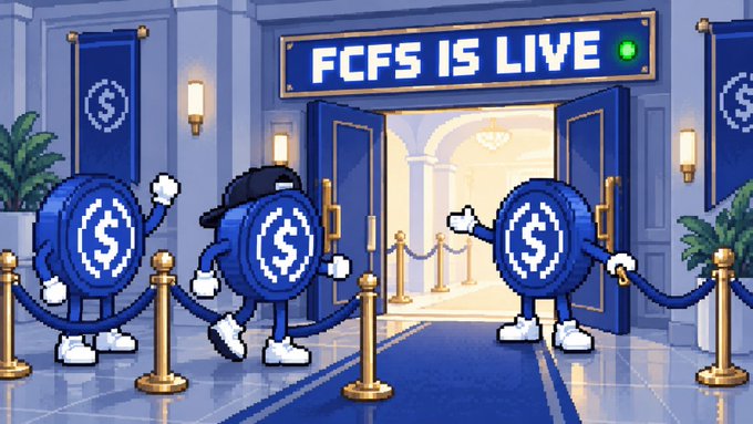 A pixel-art illustration shows anthropomorphic USDC coin characters with white-gloved hands welcoming visitors at the entrance of a grand venue, where a digital sign above the doors reads "FCFS IS LIVE." This visually reinforces the post's announcement that the USDCool FCFS (First Come, First Served) minting event is now live for a limited one-hour window on OpenSea.