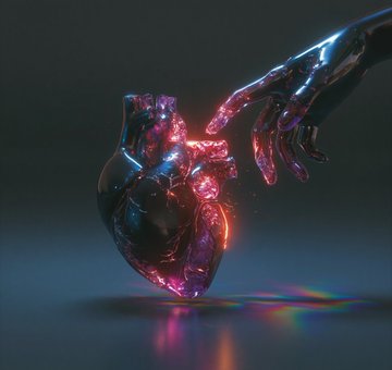 A glossy, anatomically-styled heart rendered in iridescent black with glowing pink and blue veins is reached toward by a chrome metallic hand against a dark background, visually representing the NFT artwork "Obsidian Heart" available as a 5/5 edition on @objktcom for 20 tez.