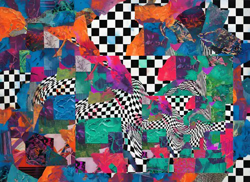 A vibrant, chaotic abstract collage artwork featuring colorful paint textures interwoven with black and white checkered patterns and distorted zebra stripes.