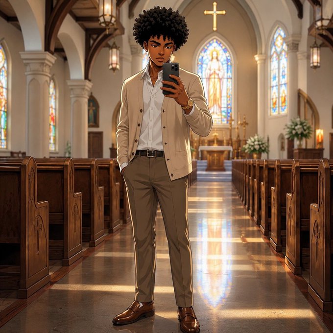 Anime-style illustration of a young man with an afro, glasses, beige cardigan, white shirt, and brown pants, standing in the aisle of a Gothic cathedral holding up his phone, with stained glass windows and a cross in the background.