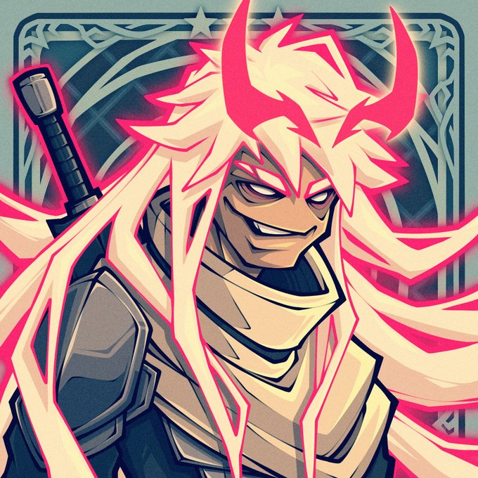A stylized digital illustration of a fierce-looking warrior character with wild, glowing pink and white hair, wearing armor and carrying a sword on their back.
