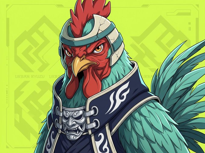 A stylized illustration depicts a fierce anthropomorphic rooster character wearing samurai armor, with the faint text 'URBAN RYUZU' in the green background.