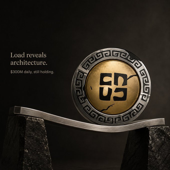An advertisement showing a gold and silver coin with the letters 'SUS' rests on a curved metal beam over stone pillars, with text reading 'Load reveals architecture. $300M daily, still holding.'