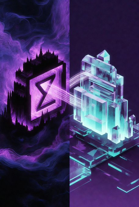 A split digital artwork contrasting a dark, purple castle structure containing a glowing portal on the left with a bright, cyan crystalline castle on the right.