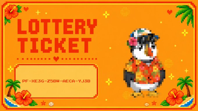 A pixel-art 'Lottery Ticket' graphic featuring a penguin in a Hawaiian shirt, with the code PF-XE3G-Z5BW-AECA-YJ3B.