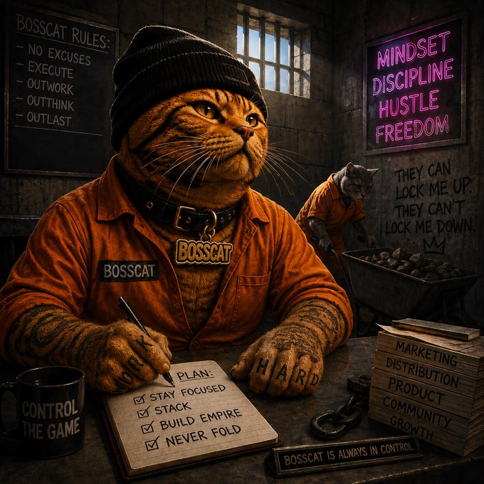 An AI-generated motivational poster depicts a cat in an orange prison jumpsuit and beanie writing a plan, with text including 'BOSSCAT RULES: NO EXCUSES, EXECUTE, OUTWORK, OUTTHINK, OUTLAST' and 'MINDSET DISCIPLINE HUSTLE FREEDOM.'