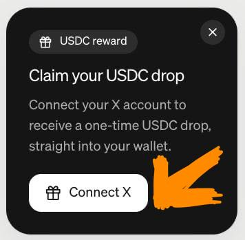 Claim your USDC drop by connecting your X account for a one-time USDC reward, as prompted by the Moonpay offer.