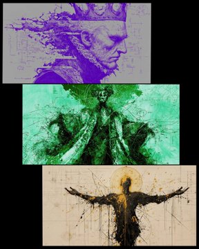 A three-panel illustration features a purple figure, a green figure, and a yellow-illuminated figure with outstretched arms.