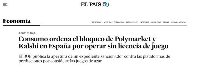 The image shows an article from El País newspaper, which is written in Spanish. The headline of the article reads "El País QUIERE PROHIBR PARA EL BLOQUE DE POLYMARKET Y QUE QUE QUE QUE QUE QUE QUE QUE QUE QUE QUE QUE QUE QUE QUE QUE QUE QUE QUE QUE QUE QUE QUE QUE QUE QUE QUE QUE QUE QUE QUE