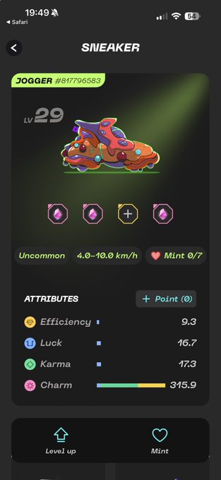 Mobile app screen displaying a 'SNEAKER' NFT card called 'JOGGER #817796583' at LV 29, with attributes including Efficiency 9.3, Luck 16.7, Karma 17.3, and Charm 315.9.