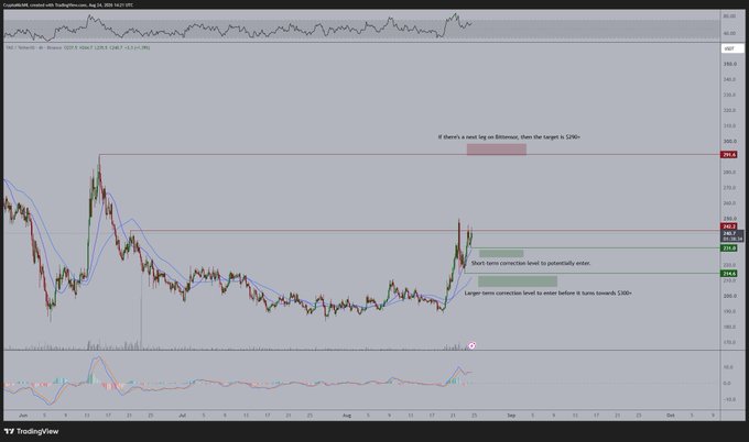 A TradingView chart of TAO/USD on Bittrex's 4-hour timeframe shows the price hovering around $260 with technical analysis annotations, including a short-term correction level at $266 and a target zone near $290 where the post's author plans to sell portions of their altcoin holdings.