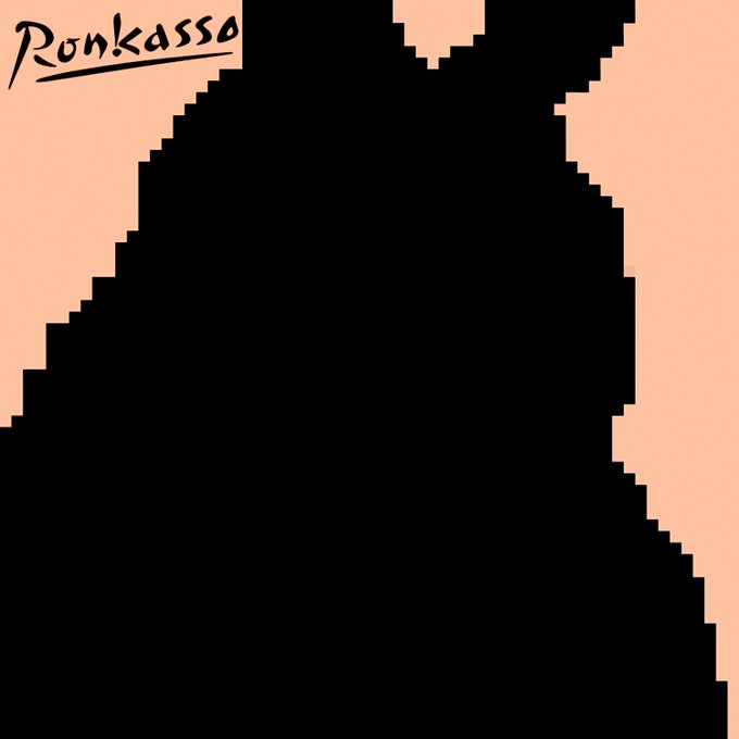 A digital illustration featuring a large black silhouette of an animal, possibly a cat, set against a peach background with the text 'Ronkasso' in a stylized script in the upper left corner.