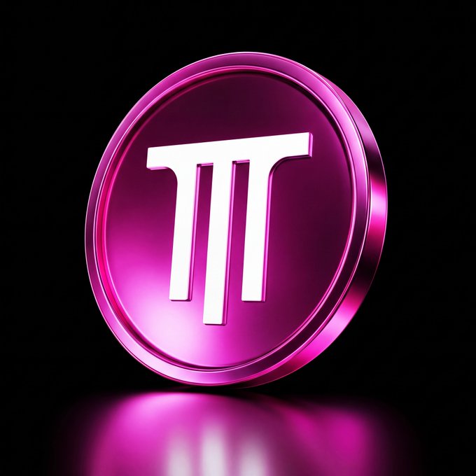A 3D-rendered pink metallic Pi (π) coin floating against a black background.