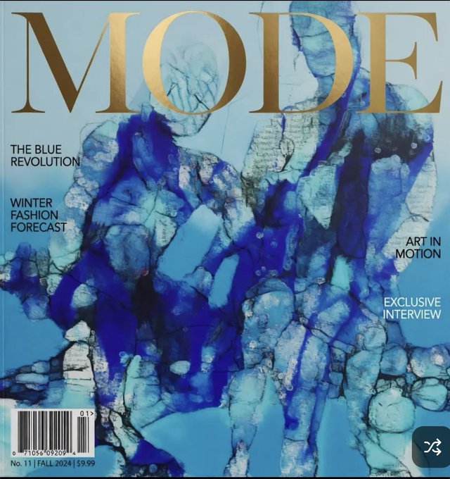 A MODE magazine cover (No. 11, Fall 2024, $9.99) features an abstract blue marbled design with headlines "THE BLUE REVOLUTION," "WINTER FASHION FORECAST," "ART IN MOTION," and "EXCLUSIVE INTERVIEW." The vibrant blue watercolor-like imagery serves as the artistic foundation for an Andrea Reiners (Roxandy) remix poster celebrating NFT.NYC 2026's "Atlantis is Calling" collection at Times Square.