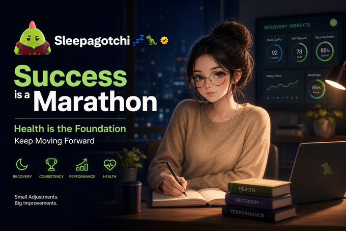 A promotional graphic for 'Sleepagotchi' features the tagline 'Success is a Marathon' and 'Health is the Foundation' next to an anime-style woman working at a laptop with recovery insight data displayed.