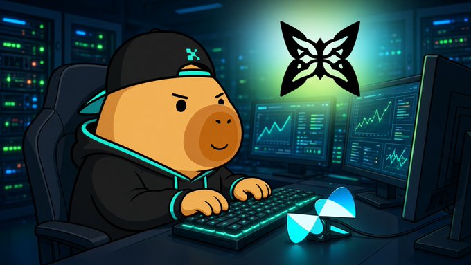 A cartoon capybara wearing a black hoodie sits at a computer desk with glowing screens and a butterfly logo on the wall.