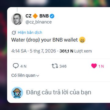 A tweet from CZ BNB (@cz_binance) reads 'Water (drop) your BNB wallet 😏', posted at 4:14 AM on July 5, 2026, with 361.1K views.
