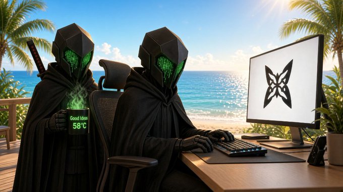 Two cloaked figures with geometric black masks displaying green digital patterns are at a beachfront desk; one drinks from a green mug labeled 'Good Ideas 58°C' while the other works on a computer showing a butterfly logo, set against a sunny ocean view.