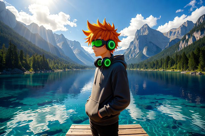 An anime-style character with spiky orange hair, green headphones, and green sunglasses stands on a wooden dock overlooking a turquoise alpine lake surrounded by mountains and forests.