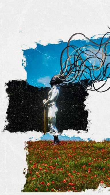 A digital artwork showing a silver-painted figure standing in a field of red flowers against a blue and black painted background, with the figure's hair flowing wildly to the right as if blown by wind.