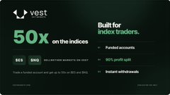 A Vest index trading advertisement with green and dark background, displaying "50x on the indices" prominently, alongside bullet points about funded accounts, 90% profit split, and instant withdrawals.