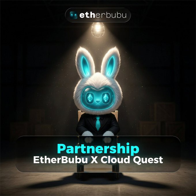 A glowing cyan bunny mascot in a suit sits under a spotlight, with the "etherbubu" logo above and a banner reading "Partnership: EtherBubu X Cloud Quest" below, announcing the collaboration.