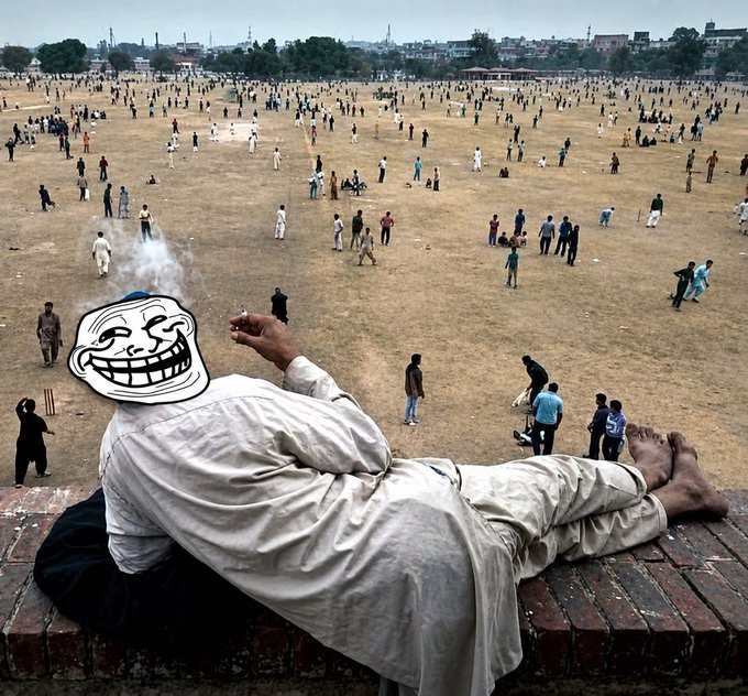A surreal composite image showing an elderly man in white traditional clothing lying on a brick ledge overlooking a large field filled with cricket players, with a 'troll face' meme image edited over his face as he holds what appears to be a smoking cigarette.