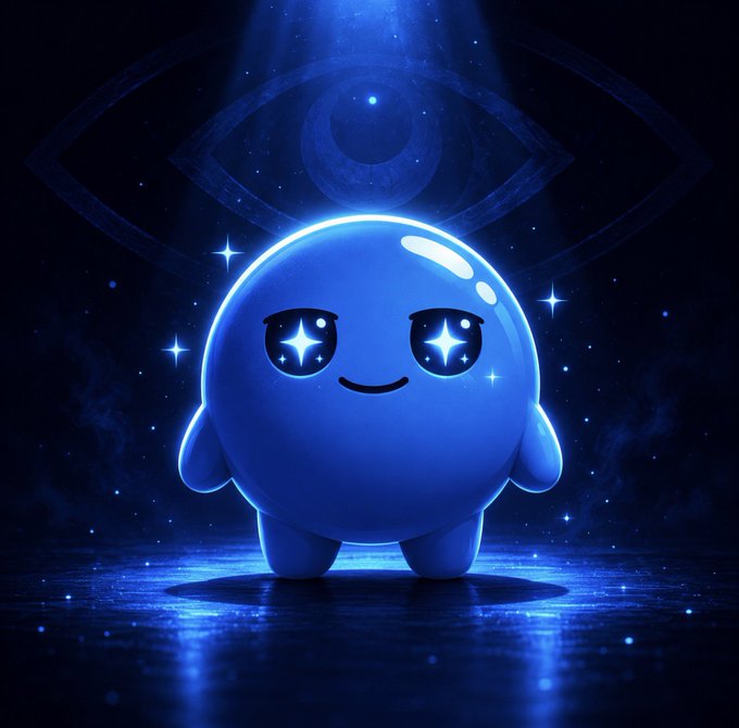The image features a blue character with big eyes, giving it a friendly and approachable appearance. The character is standing on a surface that appears to be either water or a reflective floor, creating an interesting visual effect. The background of the image is dark, which contrasts with the bright blue color of the character and adds depth to the scene. There are also stars scattered throughout the image, adding a sense of magic and wonder to the overall composition.
