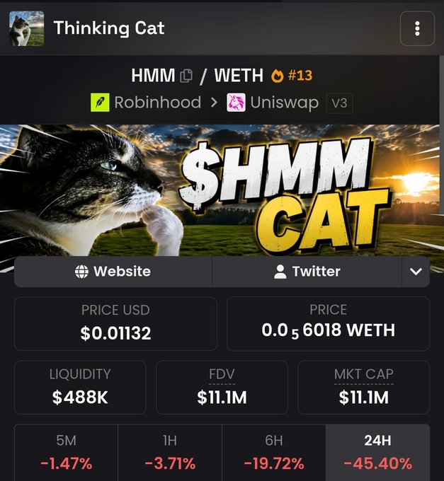 A crypto trading interface shows the "Thinking Cat" meme coin ($HMM/WETH, #13) on Uniswap V3 via Robinhood, priced at $0.01132 with a $11.1M market cap but down -45.40% in 24 hours. The post asks fellow traders whether they should buy in now that the price has dropped significantly.