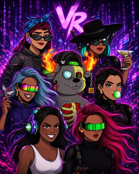 A vibrant digital illustration featuring a group of stylish female characters with neon-colored hair, futuristic sunglasses, and cyberpunk fashion, set against a purple cityscape background with falling binary code. The letters 'VR' are prominently displayed at the top in glowing pink text, and one character blows a green bubble gum bubble while holding a knife, with a robotic dog figure in the center.