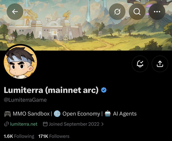 A Twitter/X profile page for **Lumiterra (mainnet arc)** (@LumiterraGame), showing an anime-style banner and 171K followers, alongside the user's complaint about the project's shutdown preventing users from accessing or unstaking their assets on Ronin chain.