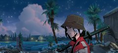 An anime-style character with a hat stands in a serene tropical beach scene at twilight, palm trees silhouetted against a pastel sky, capturing the breezy, coastal aesthetic referenced in the post's tribute collaboration between @midnightbreezey and @Azuki.