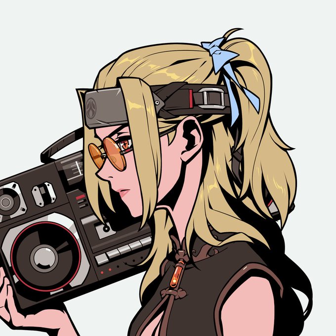 An anime-style illustration of a blonde girl with a blue hair ribbon, wearing orange-tinted glasses and a black top, holding a black boombox on her shoulder.