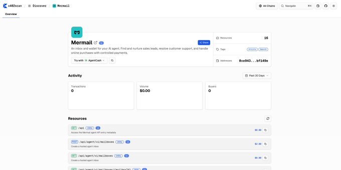 A web interface for zkScan shows the Mermail agent overview with zero transactions, zero volume, and zero visitors on the Activity dashboard.