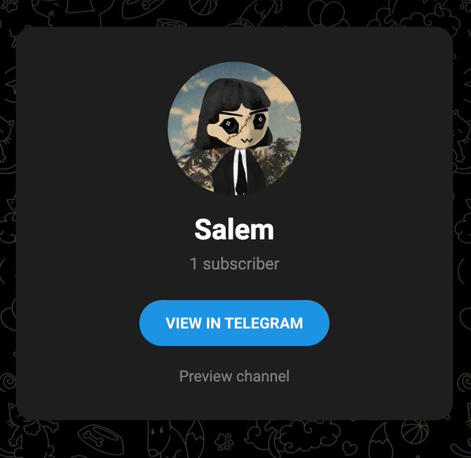 A Telegram channel preview for "Salem" (@Salemxbt) showing 1 subscriber with a stylized doll-like profile picture, which serves as the channel users are instructed to follow in the giveaway post offering $15 to one participant who engages and drops their SOL address.