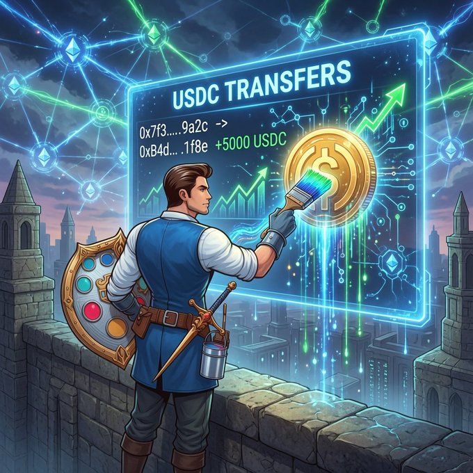 An illustrated scene shows a warrior with a shield and sword painting a gold coin on a digital display showing "USDC TRANSFERS", addresses "0x7f3....9a2c ->" and "0xb4d....1f8e", and "+5000 USDC".