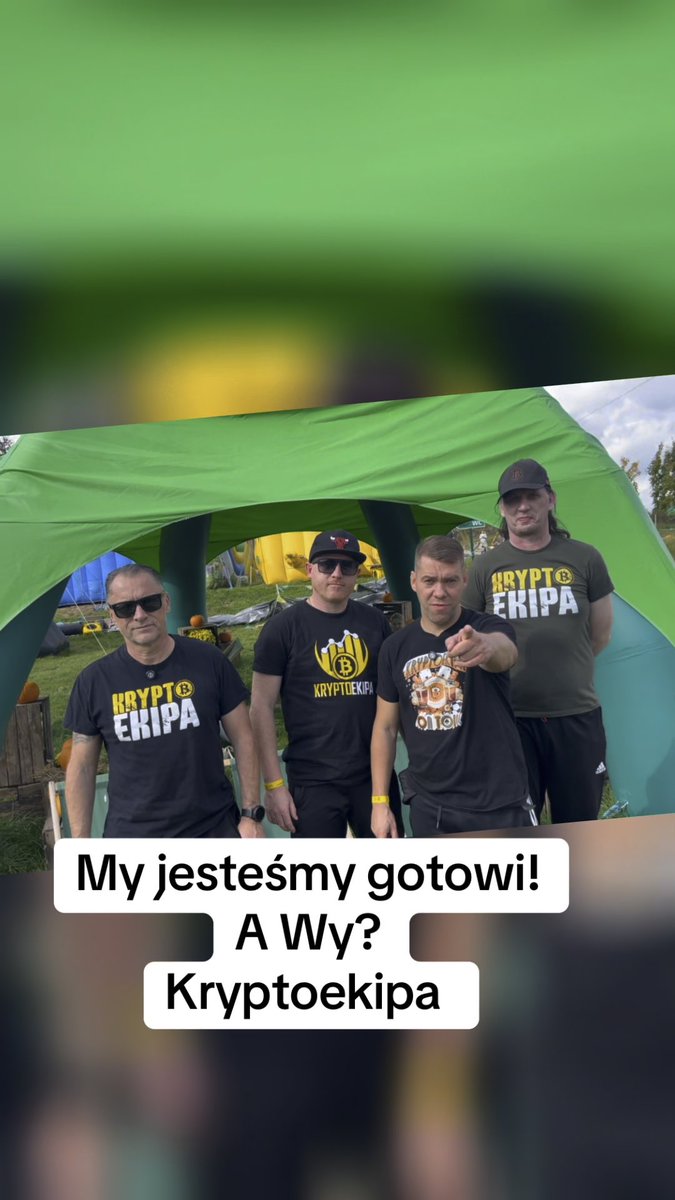 Four men stand under a green inflatable tent wearing shirts that read "KRYPTO EKIPA," with overlaid text saying "My jesteśmy gotowi! A Wy? Kryptoekipa."