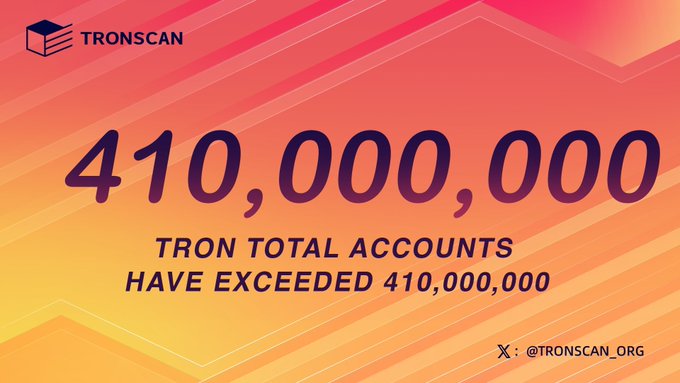 TRONSCAN announcement stating “410,000,000” and “TRON TOTAL ACCOUNTS HAVE EXCEEDED 410,000,000,” with “X: @TRONSCAN_ORG.”